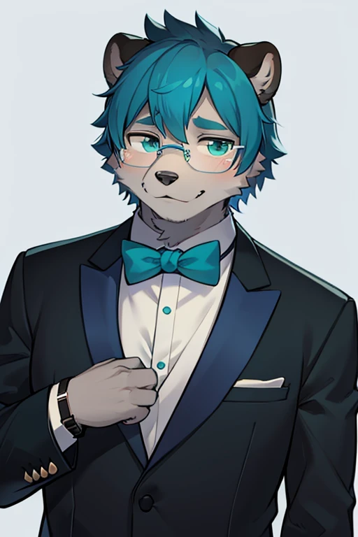 A grey furred grizzly bear wearing glasses with blue tinted lenses with a watch Teal ascot and tuxedo
