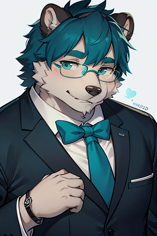 A grey furred grizzly bear wearing glasses with blue tinted lenses with a watch Teal ascot and tuxedo
