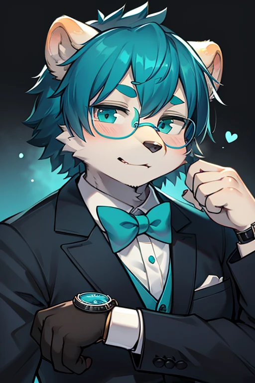 A grey furred grizzly bear wearing glasses with blue tinted lenses with a watch Teal ascot and tuxedo
