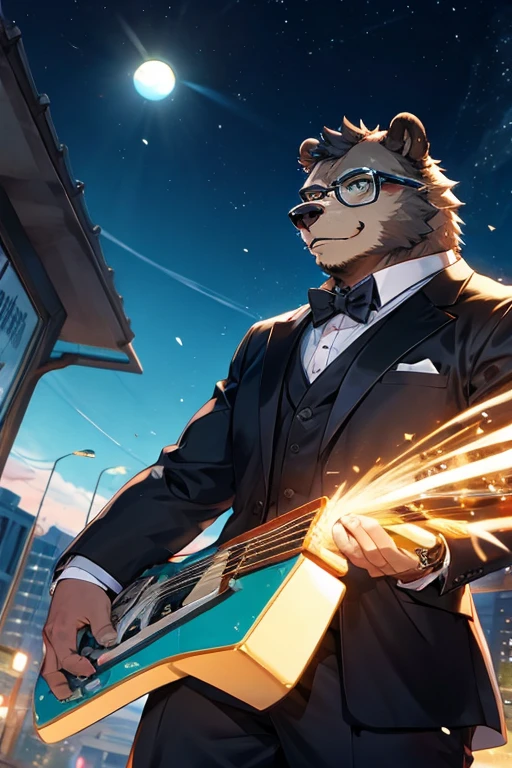 A grey furred grizzly bear wearing glasses with blue tinted lenses with a watch Teal ascot and tuxedo
