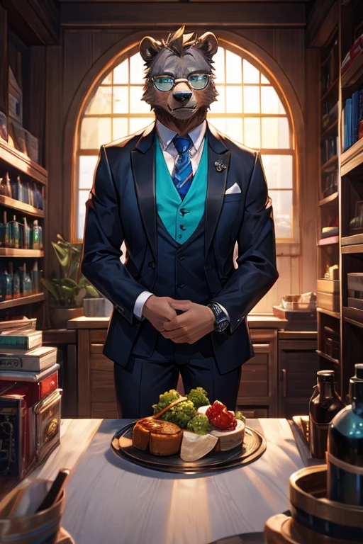 Ein grauer Grizzlybär mit Brille und blau getönten Gläsern, blaugrünem Ascot und Smoking
