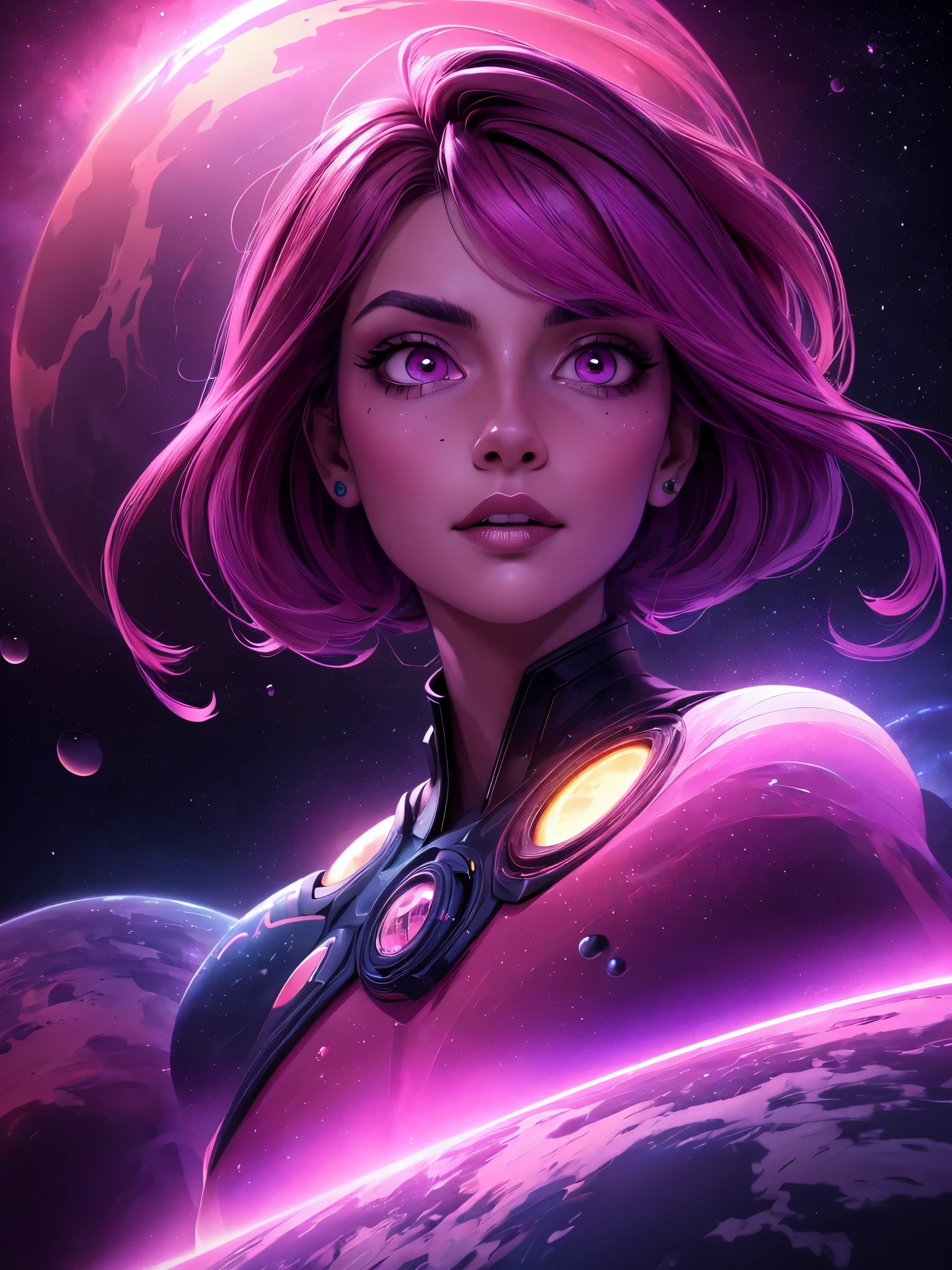 (masterpiece, best quality, highres, high resolution:1.2), extremely detailed, realistic, intricate details, planets, 1girl flying into space, pink hair, eye iris yellow, hero cape, solo, looking at planets, (abstract art:1.3), (dark theme:1.2), art, stylized, deep shadow, dark theme, cosmic dress, cosmic beauty, in space, nebula, (cinematic lighting, bloom, volumetric), reflective surfaces, subsurface Dispersion, Beyond imagination, very detailed eyes, best lips, best mouth