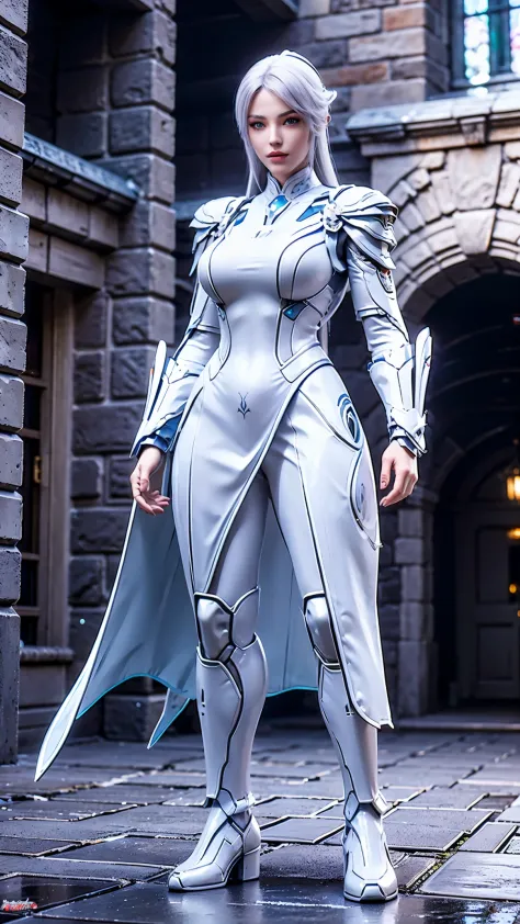 Futuristic character, Full body, standing in the castle.