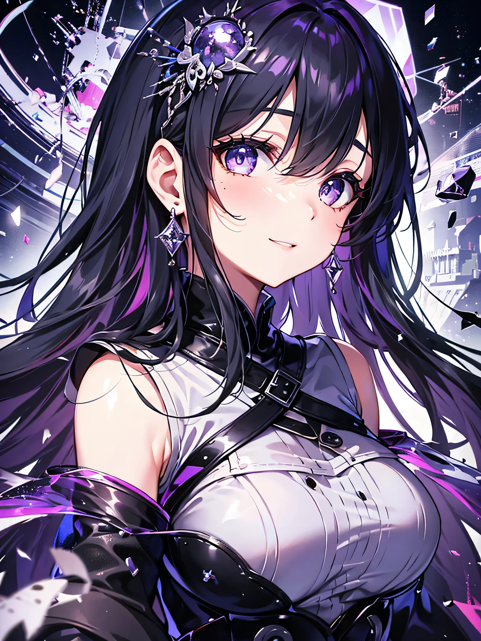 (debris flies, highest quality, ultra high resolution),1 girl,(black dress beautiful、detailed face, fine eyes,((gray and purple theme)),standing in front of a pure white wall、facing forward,smile、smile,cheeks are red,whole body,Beautiful eyes that everyone envy