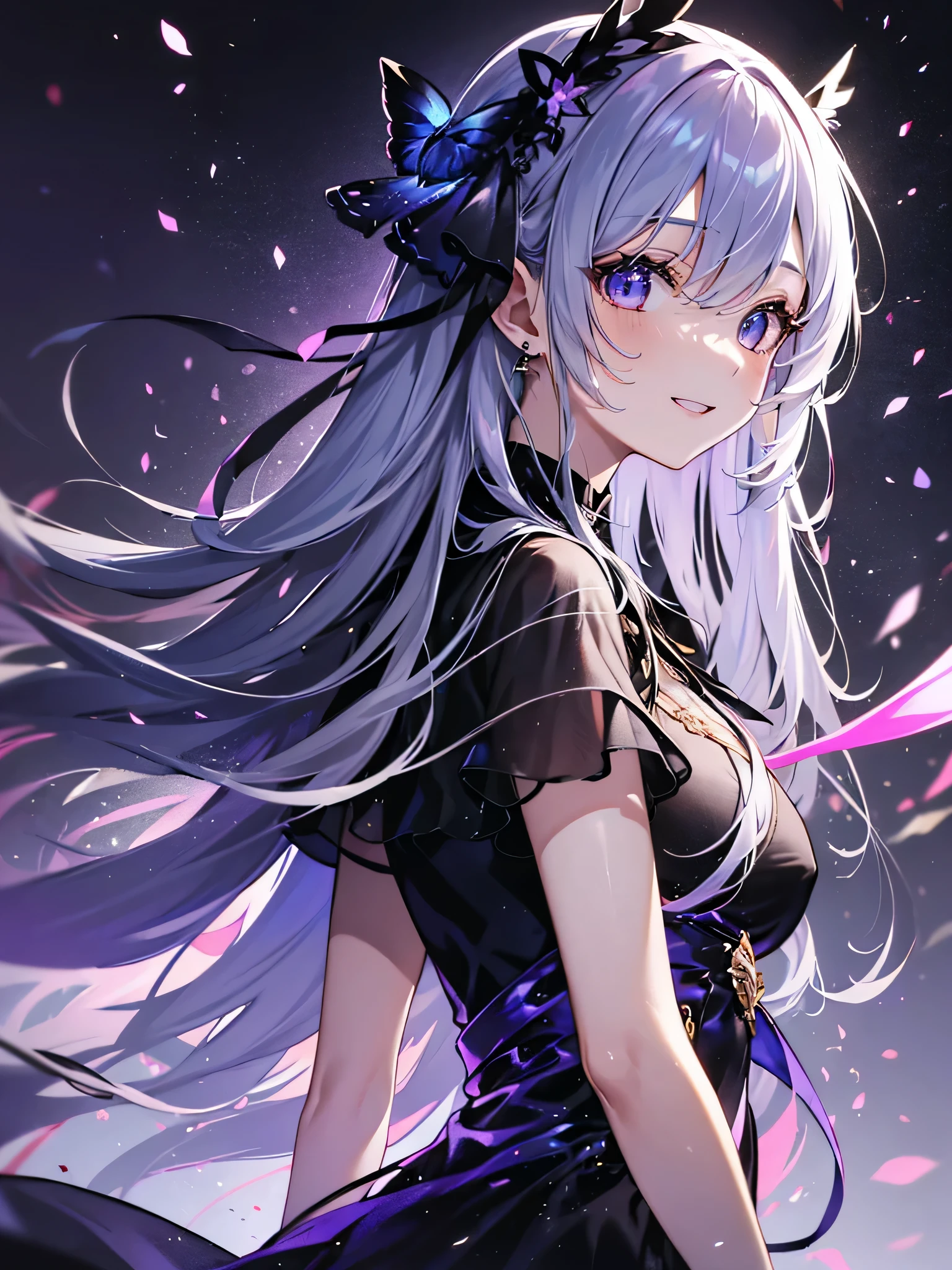 (debris flies, highest quality, ultra high resolution),1 girl,(black dress beautiful、detailed face, fine eyes,((gray and purple theme)),standing in front of a pure white wall、facing forward,smile、smile,cheeks are red,whole body,Beautiful eyes that everyone envy