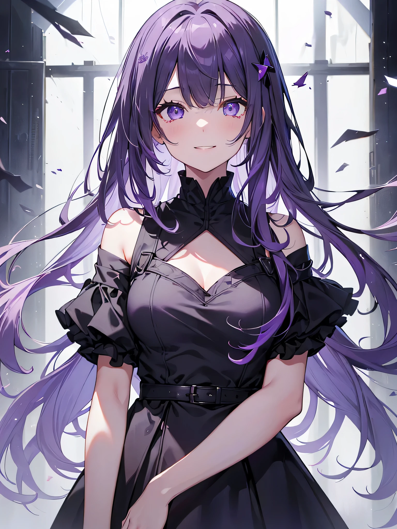 (debris flies, highest quality, ultra high resolution),1 girl,(black dress beautiful、detailed face, fine eyes,((gray and purple theme)),standing in front of a pure white wall、facing forward,smile、smile,cheeks are red,whole body,Beautiful eyes that everyone envy