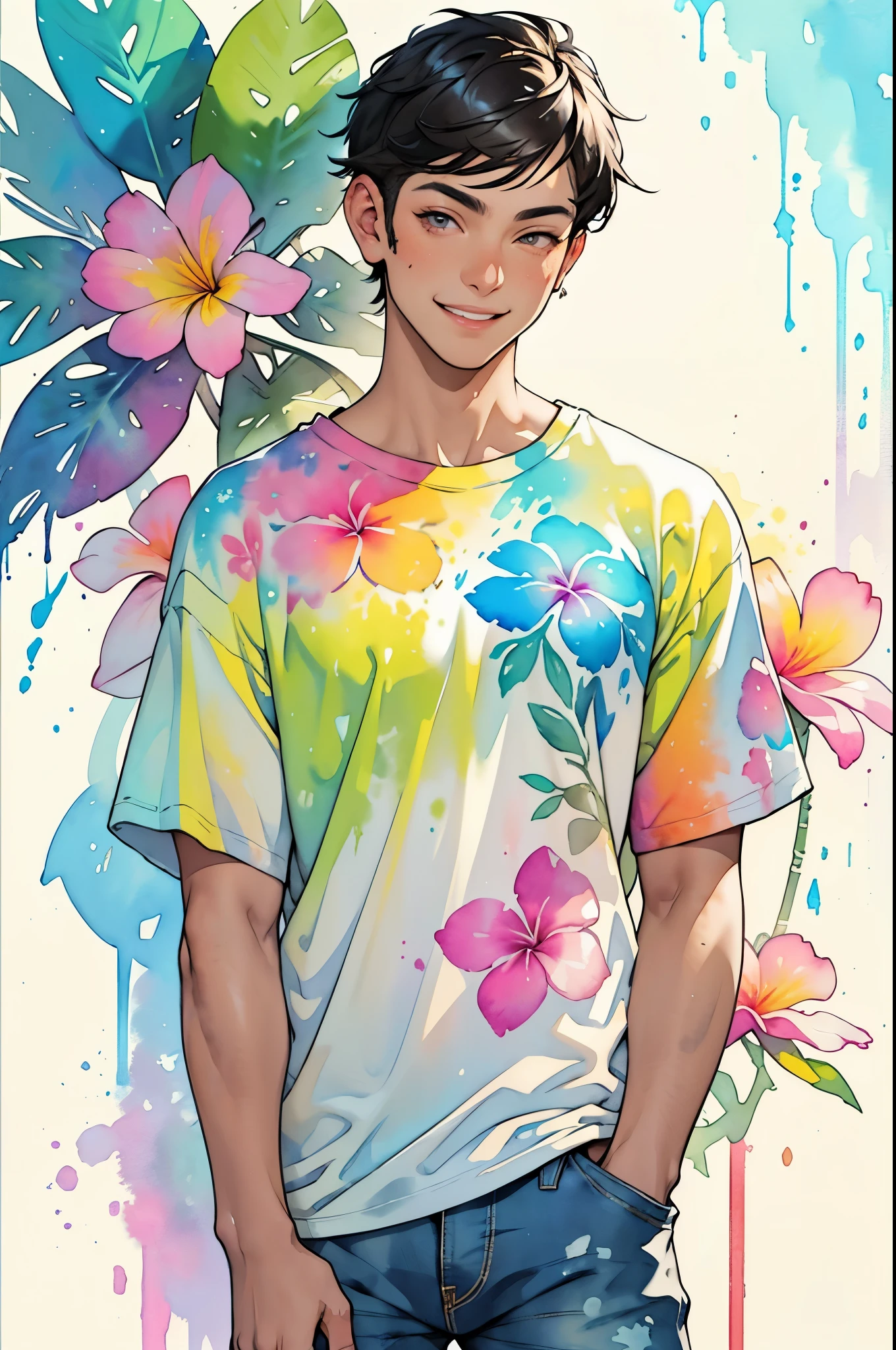 a Plumeria painting with a splatter background and spray paint effect, plumeria flower design dark t-shirt and jeans, man upper body centered, multi-color hair, big happy smile, watercolor art, watercolor painting, watercolor painting style, watercolor detailed art, watercolor digital painting, watercolor paint, masterfully detailed watercolor, watercolor art