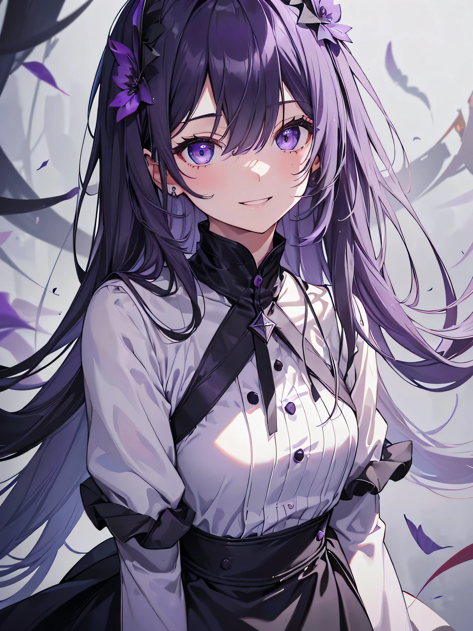 (debris flies, highest quality, ultra high resolution),1 girl,(black dress beautiful、detailed face, fine eyes,((gray and purple theme)),standing in front of a pure white wall、facing forward,smile、smile,cheeks are red,whole body,Beautiful eyes that everyone envy