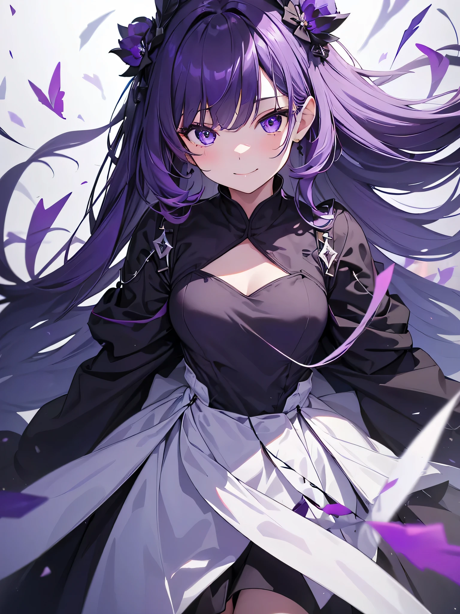 (debris flies, highest quality, ultra high resolution),1 girl,(black dress beautiful、detailed face, fine eyes,((white and purple theme)),standing in front of a pure white wall、facing forward,smile、smile,cheeks are red,whole body,Beautiful eyes that everyone envy