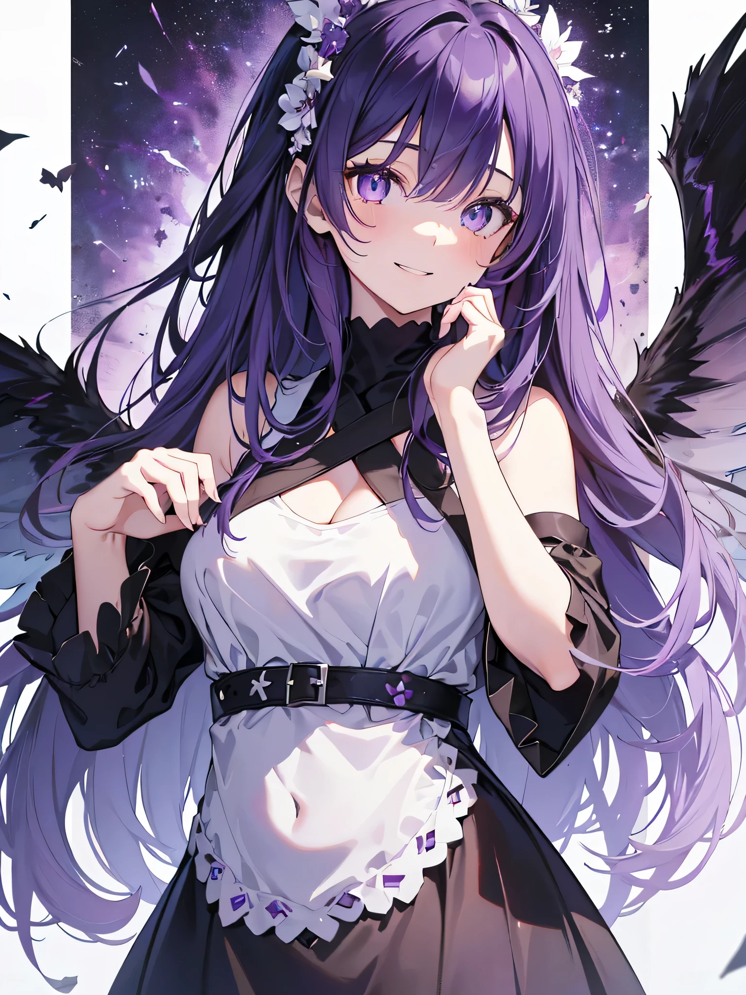 (debris flies, highest quality, ultra high resolution),1 girl,(black dress beautiful、detailed face, fine eyes,((white and purple theme)),standing in front of a pure white wall、facing forward,smile、smile,cheeks are red,whole body,Beautiful eyes that everyone envy、Black wings,yoga poses