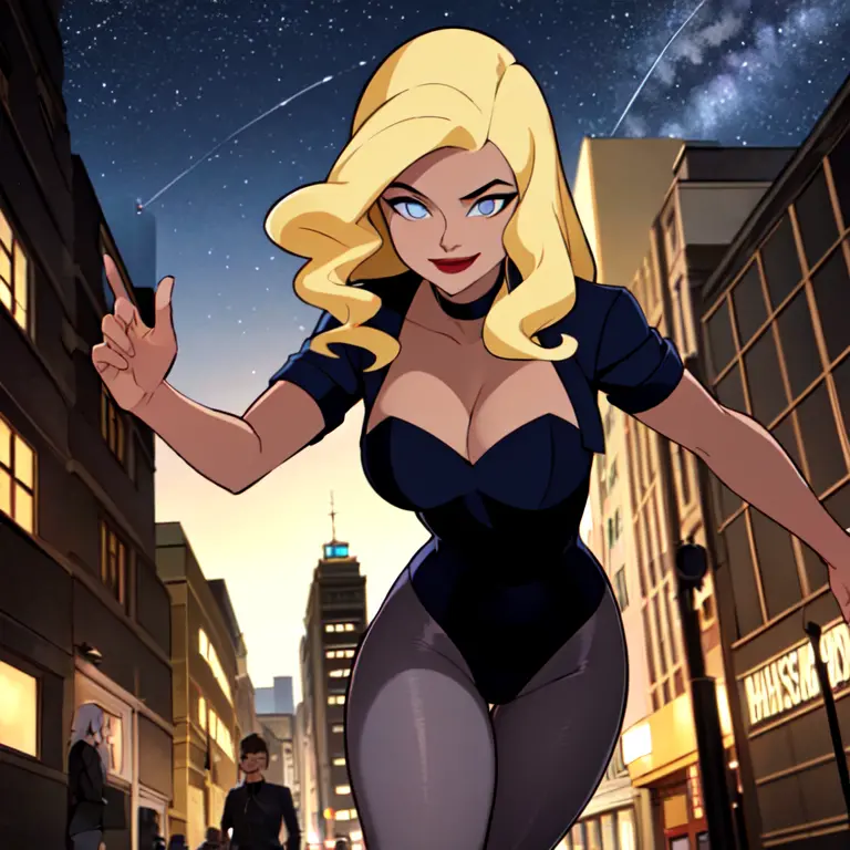 ((masterpiece,best quality))
Black_Canary_JLU, 
solo, smiling, looking at viewer, cowboy shot, 
night sky and city in background...