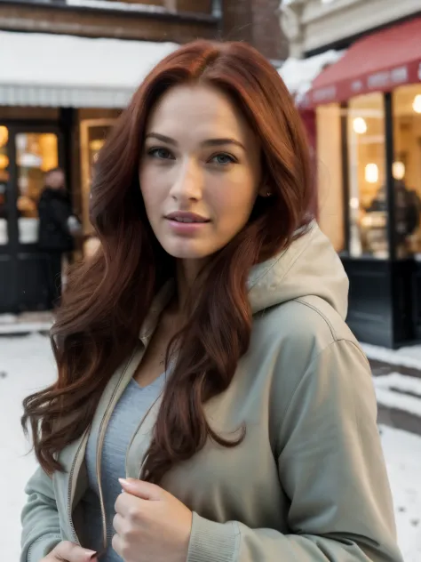 1 girl next door with coloured long red hair, Mix out of 10% Megan Fox and 15% Gal Gadot and 20% Blake Lively, 172cm height, 68kg weight, soft curly intense long red hair, clear green eyes, long dark black lashes, perfectly shaped dark black eyebrows, dark...
