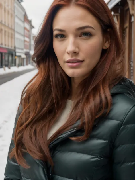 1 girl next door with coloured long red hair, Mix out of 10% Megan Fox and 15% Gal Gadot and 20% Blake Lively, 172cm height, 68kg weight, soft curly intense long red hair, clear green eyes, long dark black lashes, perfectly shaped dark black eyebrows, dark...