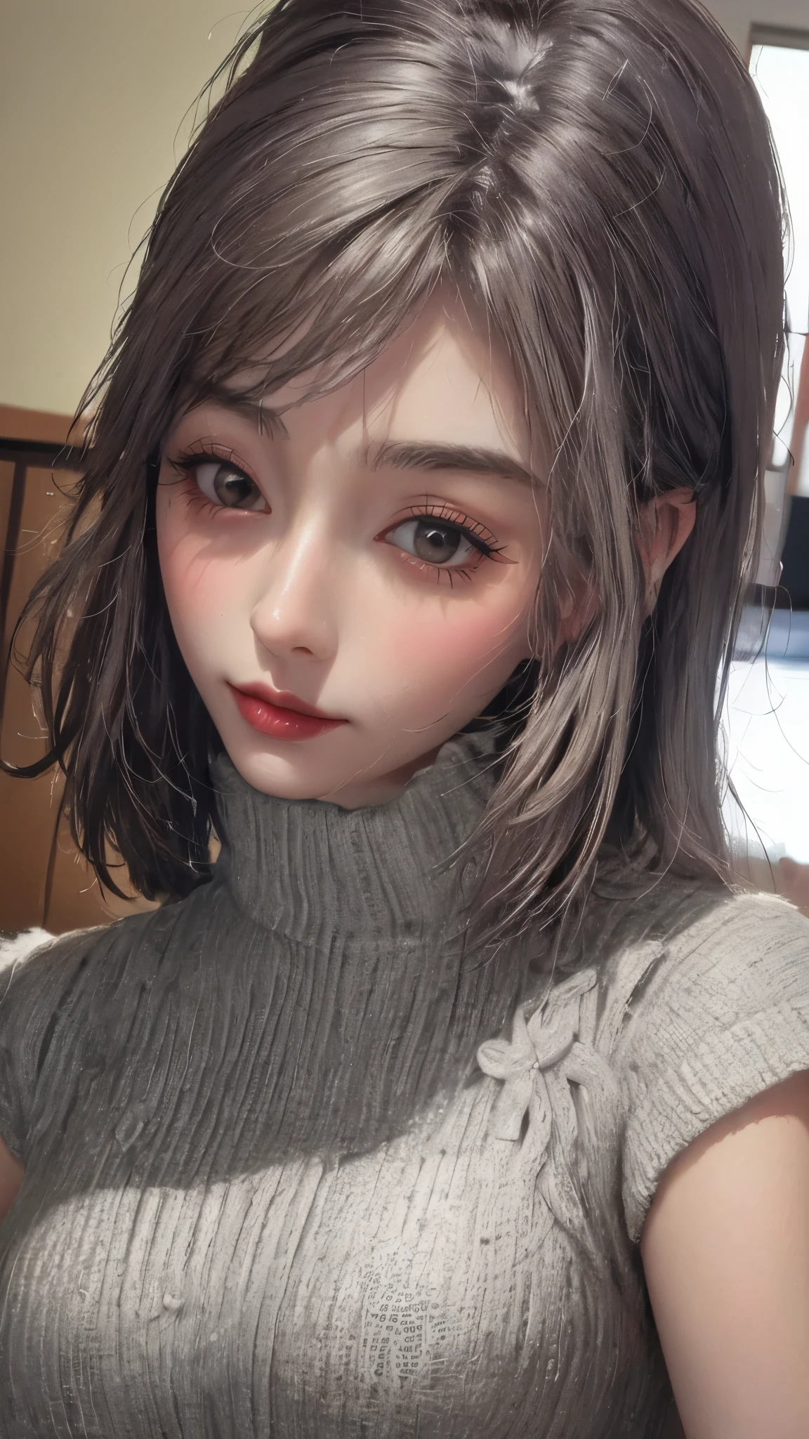 beautiful, (masterpiece:1.2), (best quality:1.2), perfect eyes, perfect face, perfect lighting, 1girl, grey sleeveless sweater, look at the viewer, (wide angle:0.8), white background, light particles, (large breasts),large breasts 