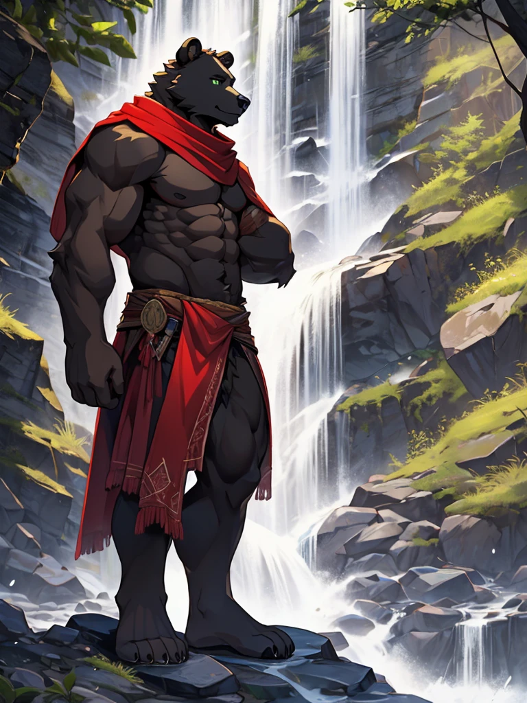 Furry,solo,black bear, green Eyes, Muscular,stout,  bare belly, Wear an adventurer&#39;s outfit,There is a red cloth.,red scarf,Behind is a mountain.,There is a waterfall.,Standing on the rocks by the waterfall,High resolution imageHDR,4K