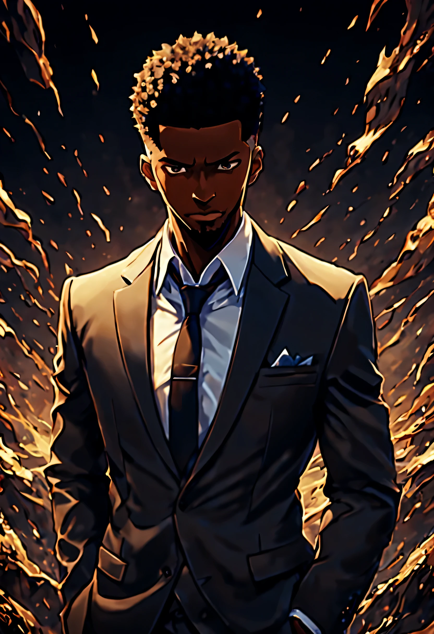 аниме, Соло-выравнивание, short black adult male аниме character in a suit and buzzcut, 8К, Лучшее качество, лучший подробный, сложная деталь, гипердетализация, шедевр, кинематографический фон