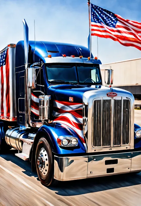 Peterbilt truck with american pride on the side, ((patriotic)), realistic paint job, detailed airbrush art, (((semi truck amazing art))), airbrush art, by Brian Thomas, a full-color airbrushed, stunning artwork, realistic artwork, by Tony Sart, by Drew Tuc...