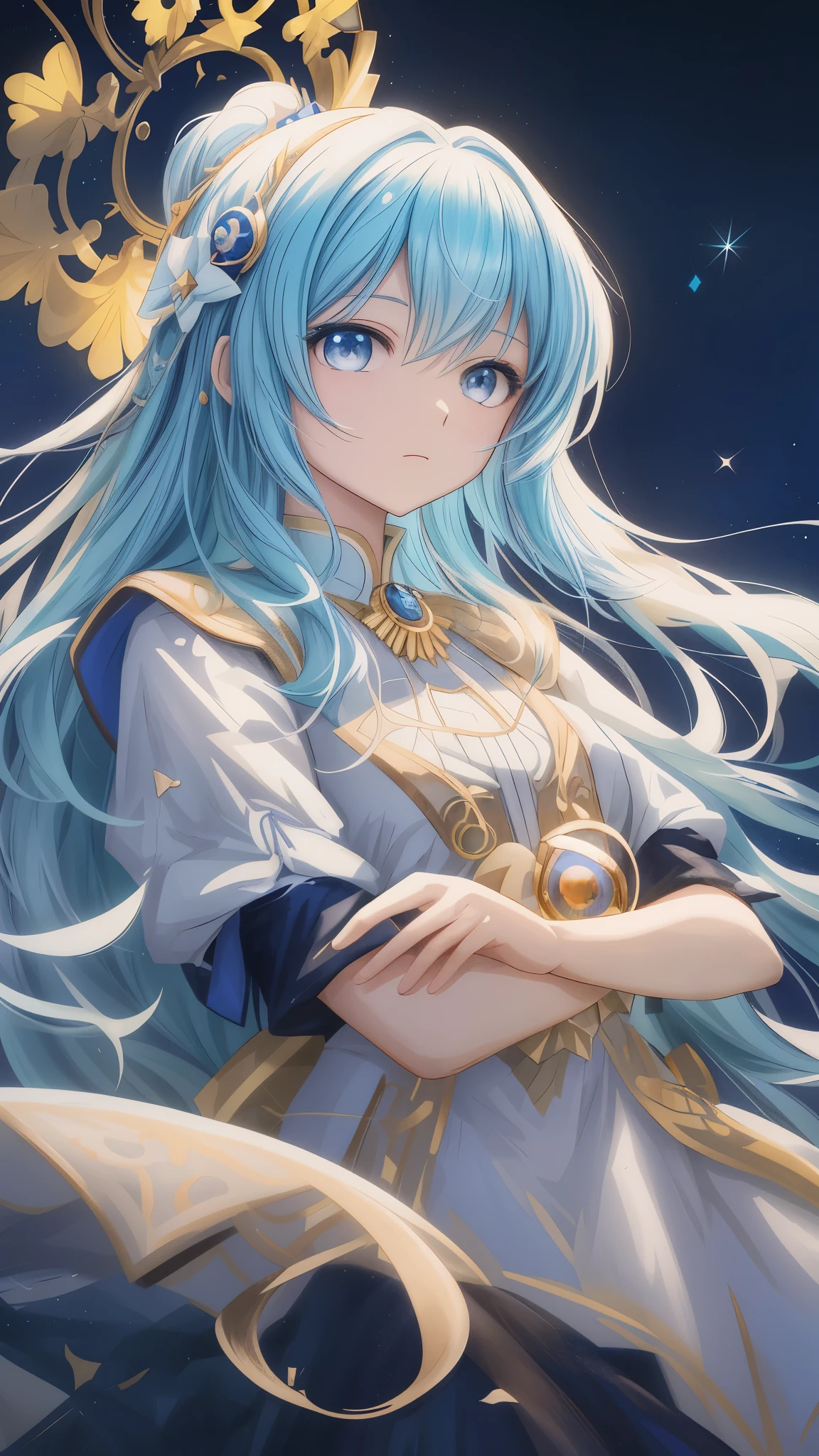 Anime girl with blue hair and a white dress with a golden crown., portrait knights of the zodiac girl, anime goddess, knights of the zodiac girl, detailed digital anime art, trend on artstation pixiv, anime girl with cosmic hair, High quality 8K detailed art, Detailed anime character art, detailed anime art, 4K anime style, Beautiful Celestial Wizard