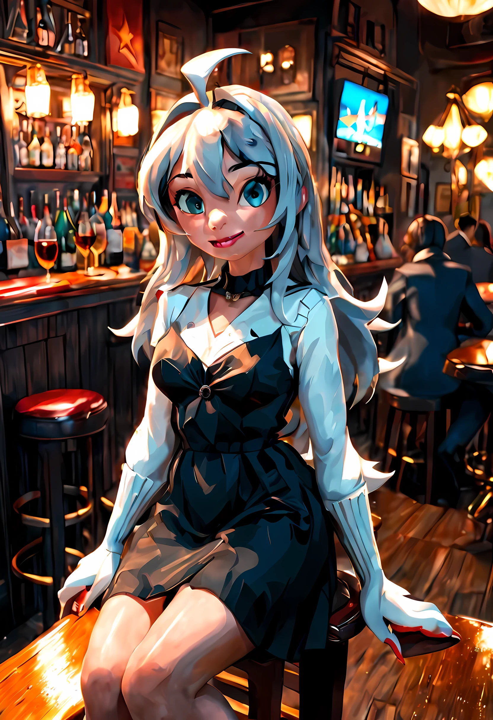 a picture of an (anthropomorphic shark: 1.6) female anthropomorphic shark, sitting in a bar, wearing black mini dress, grey shark skin, pixar style 16k, RAW, [best detailed], masterpiece, best quality, High Detail, Ultra High Quality, High Resolution, 16K Resolution, Ultra HD Pictures, Realistic, Clear Details, Realistic Detail, Ultra High Definition