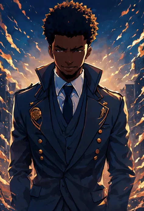 anime, solo leveling, short black adult male anime character in a suit and has military haircut with very short hair, very hands...