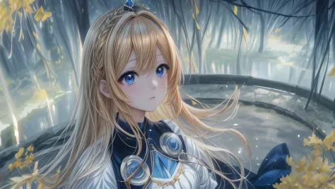 Chica anime con largo cabello rubio y ojos azules parada en un bosque., arte de anime digital detallado, estilo anime 4k, hermos...