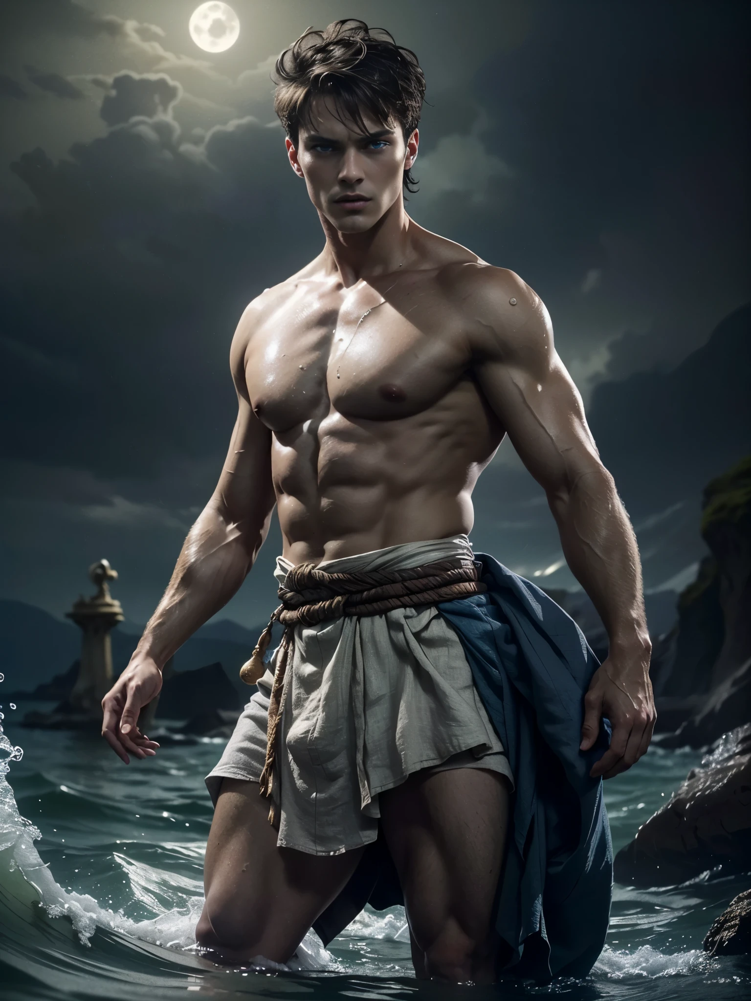 ((masterpiece)),((best quality)),8k, high detailed, ultra-detailed, Stylish Pose, real skin texture, dark cinematic lighting, 18-year-old italian male model, handsome, cute looking, divine look, powerful , (blue eyes:1.4), (god Poseidon:1.3), god of the seas, Neptune, godly, hydrokinesis, bending water, displaying the ability to manipulate water, creating massive waves and bend water:1.5), white pale skin, roman god physic, intense, (dry short hair:1.8), (dry short brown messy hair, strong jawline, masculine, muscular, defined fit body, hairless chest, shirtless, pantless, barechested, topples, barelegged, open sea, (under the water:1.4), sinister aesthetic, black storm clouds, lightning clouds, deep blue ocean waves, (night dark storm:1.6), barelegged, barefoot, antique cloth, antique linen spartan skirt, (sexy low-rise loincloth:1.6) (sexy, linen antique draped cloth:1.3),,,,,(dark background:1.5), dim light, dark atmosphere, cinematic lighting, Depth of field, award-winning photography, elegant, hyperrealistic, octane render, unreal, high definition, 8k resolution, highly detailed, 8k uhd, professional lighting, photon mapping, radiosity, physically-based rendering
