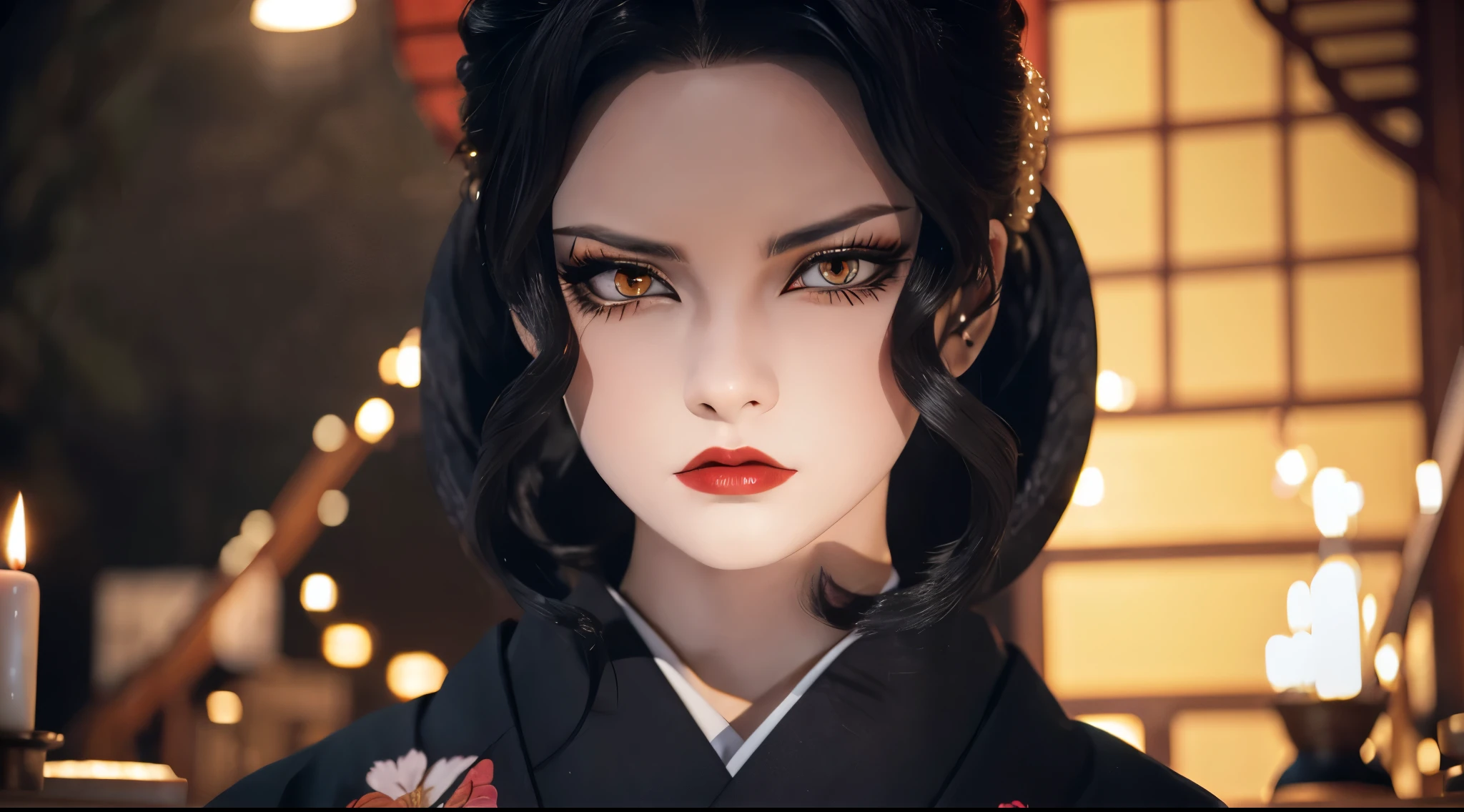 highest quality, 8K, Super detailed, realistic, (black kimono:1.3), luxurious kimono, (1 female:1.3), beautiful face, beautiful kimono, tatami, Luxurious sliding door, Seiza, black hair, beautiful makeup, Upper body, red eyes, Cat pupil, (I was irritated:1.3), (a little angry:1.3), (in a dark room:1.3), candle light, (nail biting:1.3), (nails are growing:1.3), (Background red:1.2)