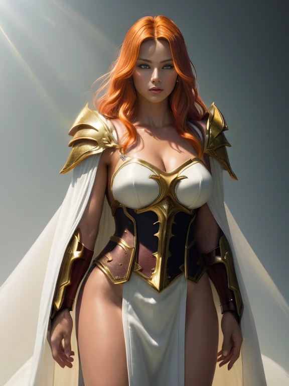 (((Top Quality: 1.4))), (Unparalleled Masterpiece), (Ultra High Definition), (Art by Brian Froud), (Ultra-Realistic 8k CG), official art, attractive posing, female fairy costume, stunningly beautiful cleaned face, highly detailed armor and Gauntlets, messy Hair, muscular_body:1.4, tanned skin:1.4, highly detailed breastplate, large breasts, well trained body, mystical city background, sunlight makes beautiful gradient of shadow and adds depth to image, (muted colors, dim colors, muted tones: 1.3), low saturation, (hyper detail: 1.2), perfect anatomy, Full body, medium breast, muscular fit body, low-angle shot picture, sexy face, big breast, female muscular fit body, very tanned skin, red haired, white and gold cape, Very bright colors, Light particles, with light glowing, mystical, with a white tunic, reflection light, backlighting, with background illuminated with magnificent sunset, yellow, orange and blue, vibrant colors, delicate face, perfect eyes, red haired