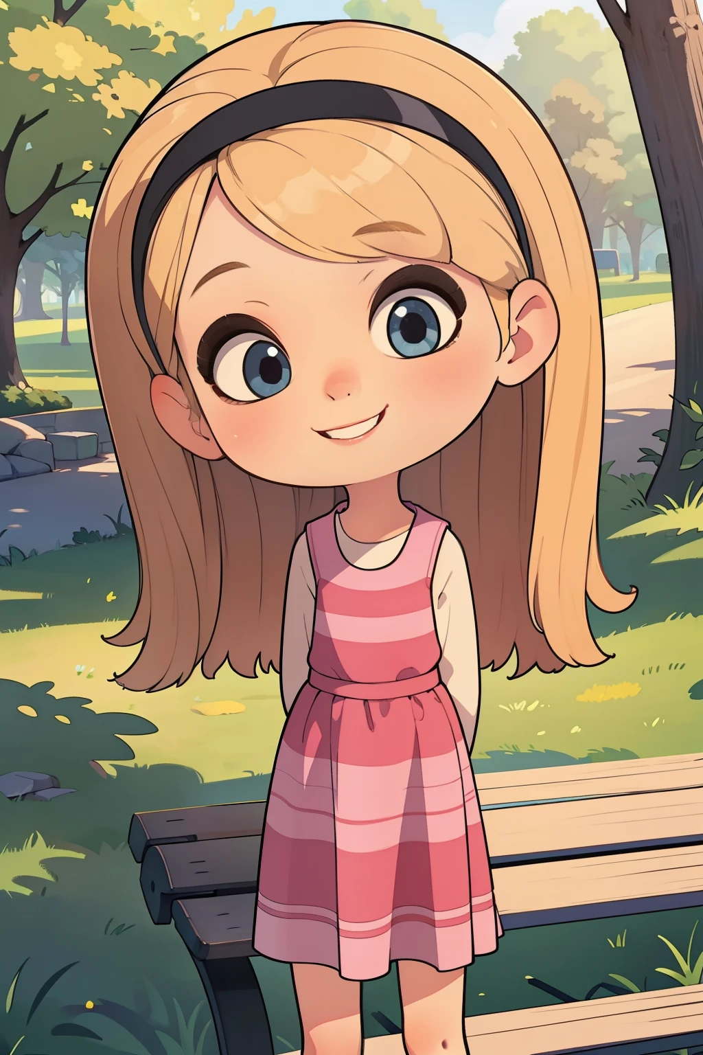 ((masterpiece, best quality)),1girl, solo,child, penny peterson, blonde hair, hairband, pink dress, blue eyes, red lips, mary janes ,high tube socks, smile, cute smile, happy,, arms behind back, (central park), bench, trees, close up, looking at viewer,