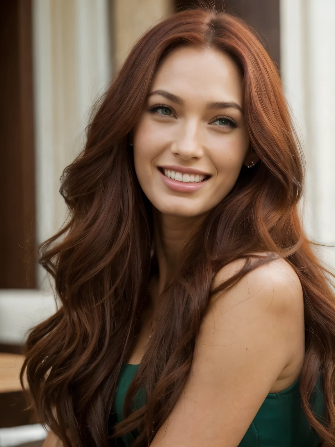 A close up of a woman with long red hair smiling - SeaArt AI