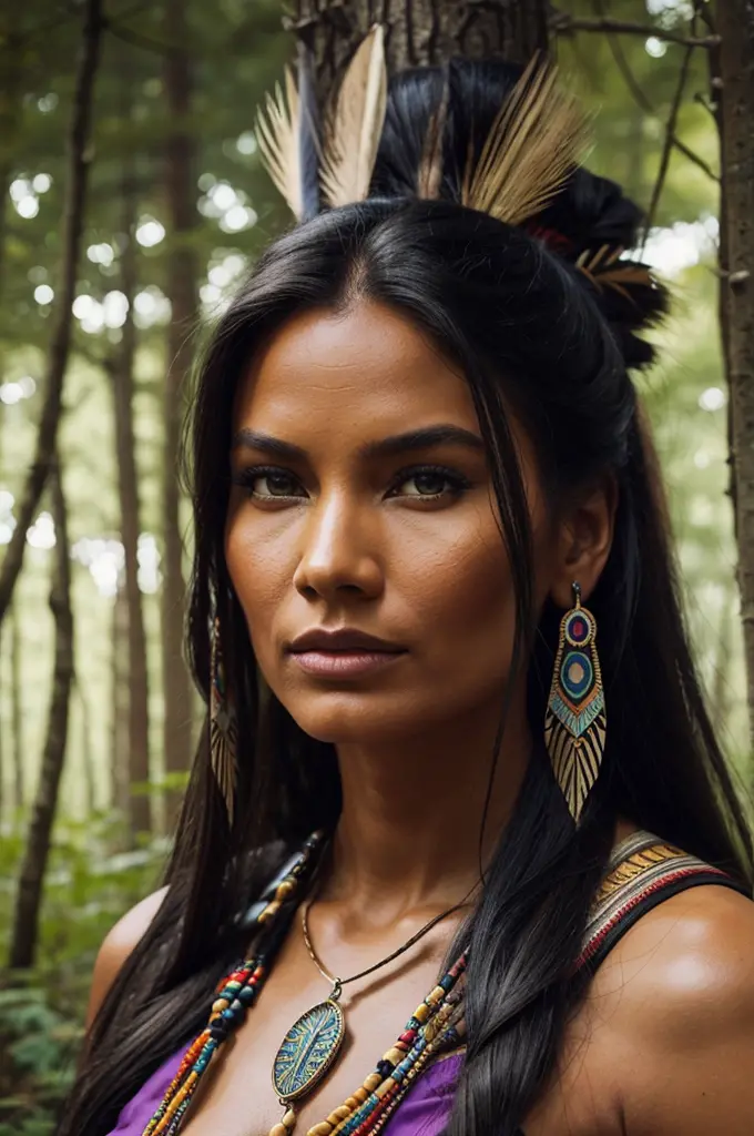 Pocahontas, tribal essence, forest, hyperrealism, hyper details