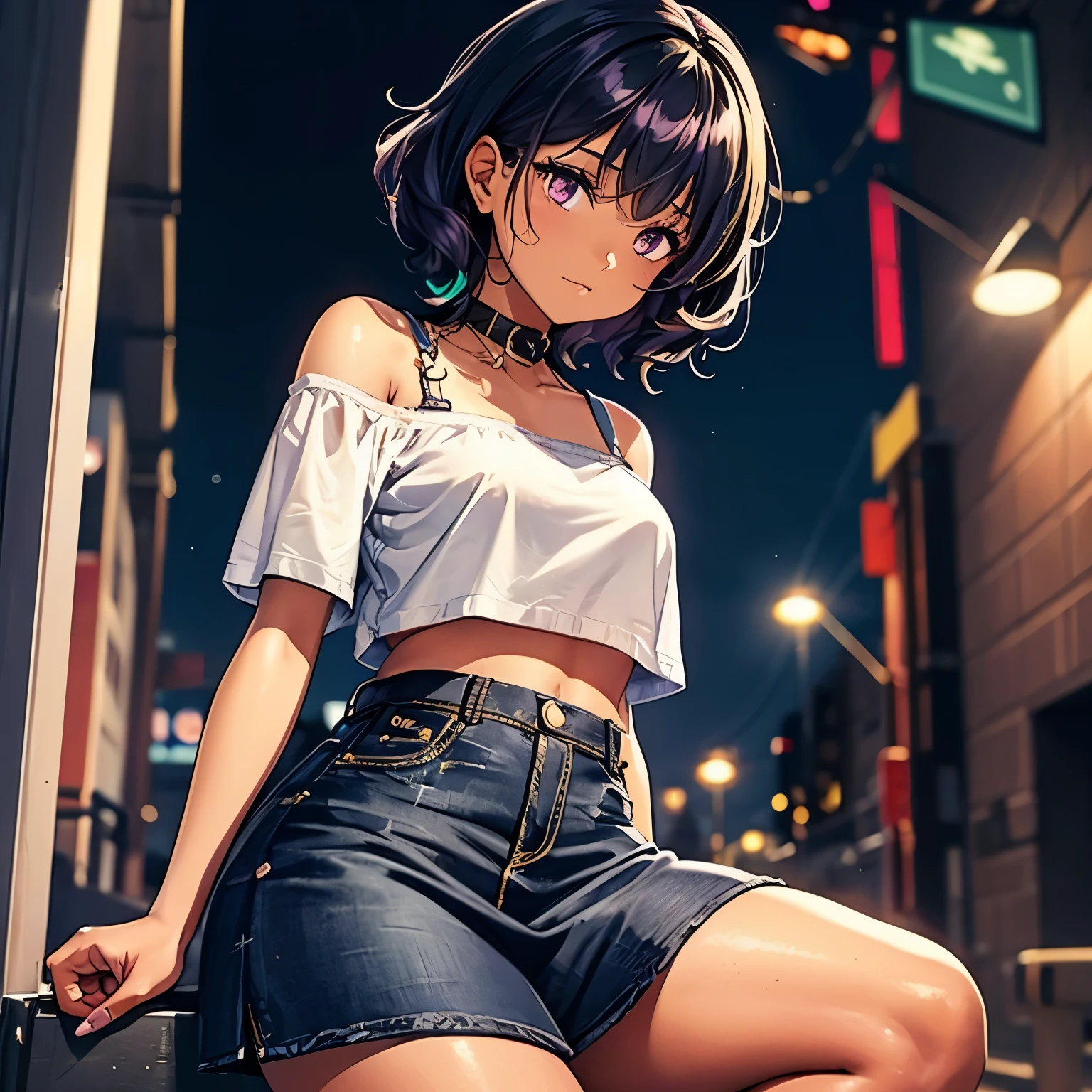 one girl dark skin, long hair, wavy hair, purple hair, purple eyes, strapless blouse, yellow blouse, blue jeans skirt, destoyed jeans, micro skirt, colorful accessories, bedroom background