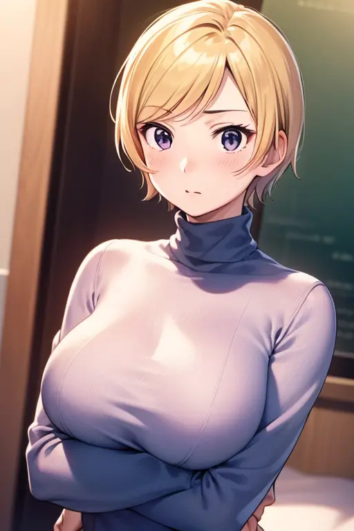 mangamichirum, 1girl, blond hair, short hair, blush, large breast, ((tight black long sleeve undershirt, turtleneck)), breast ho...