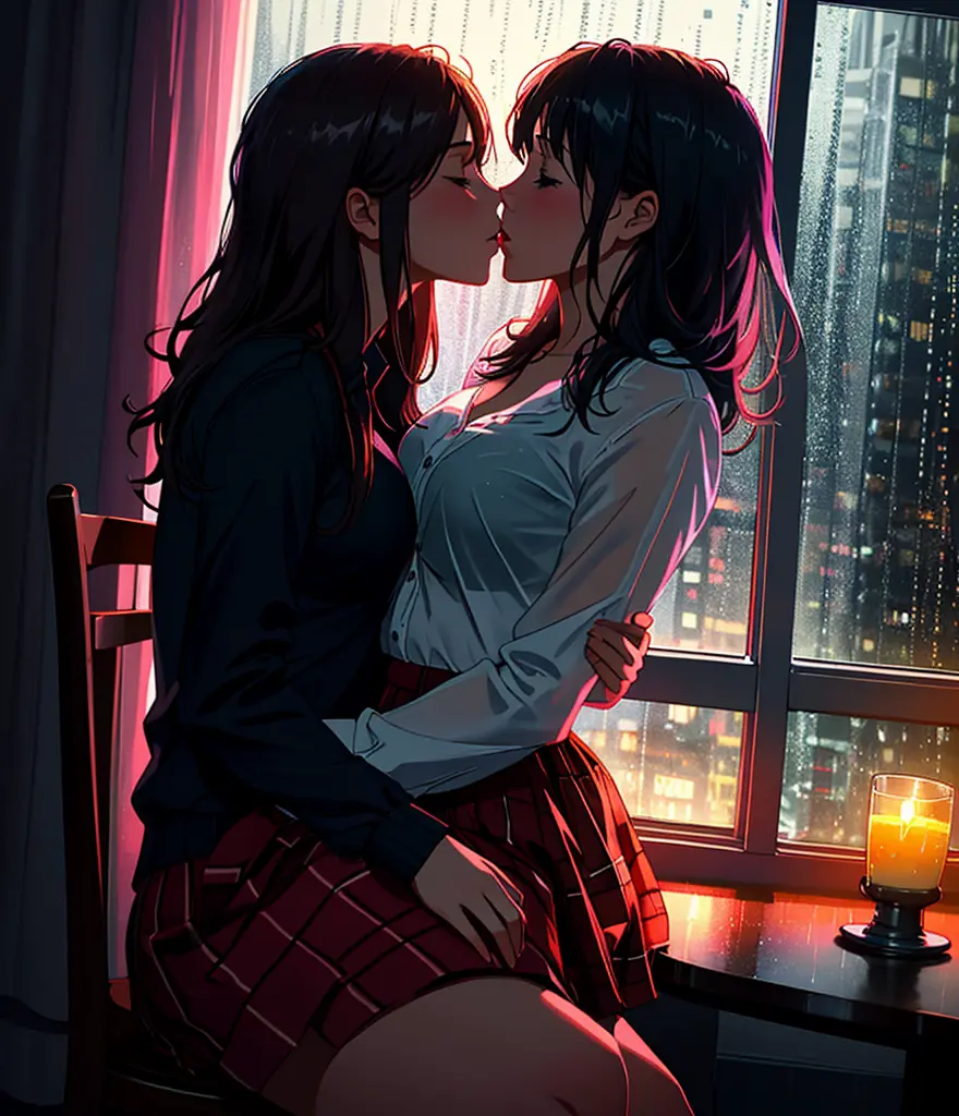 Anime couple kissing in front of a window in a living room - SeaArt AI