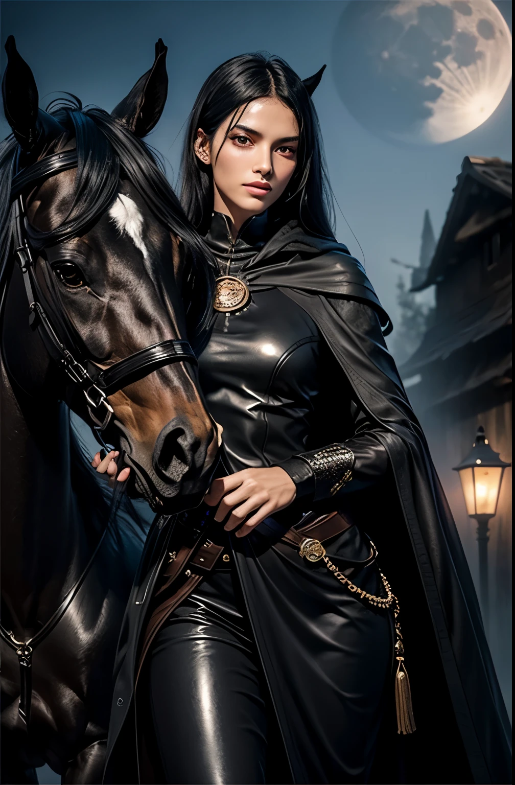 realistic rendering, man, , tall slender, beautiful face, super long jet black hair, lots eyelash, big eye, full lips, straight hair, long face, cute face, no facial hair, black cloak, sharp eyes, spanish descendant, dark brown eyes, tanned to olive skin, horse behind, stable, farm, dark background, moon, misty night 