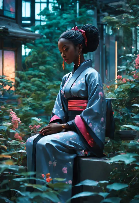An image of a serene dark-skinned woman in a tech-wear kimono, sitting in a tranquil Neo-Tokyo garden, surrounded by futuristic flora, with soft, ambient lighting, extremely detailed, ultra realistic, 10k high resolution, in the style of pointillism, airbr...