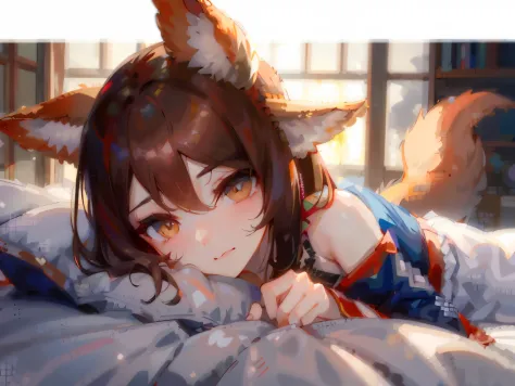 Anime character lying on the bed, Kushart Krenz Kay Art for women, Detailed key anime art, White fox girl, onmyoji portrait, spl...
