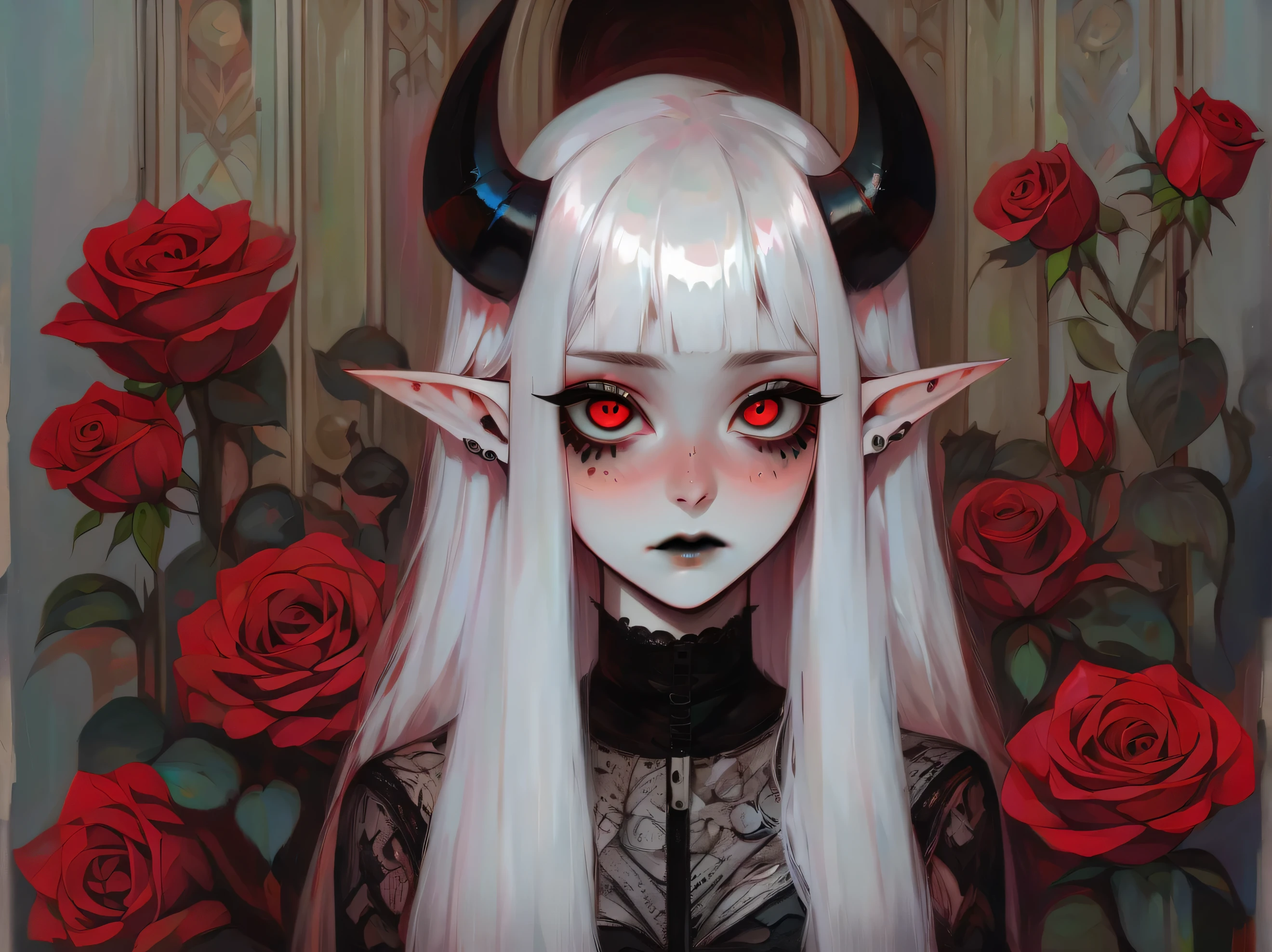 pale devil girl , ((above waist)), A shot from afar, (big eyes, The eyes are tender and beautiful, beautiful and delicate face, full body detail), (prism shading, atmosphere, filled with holography, chromatic:1.2) black lace shirt, Red rose and gothic castle background, (Long right angle:1.2) Sneakers with socks,