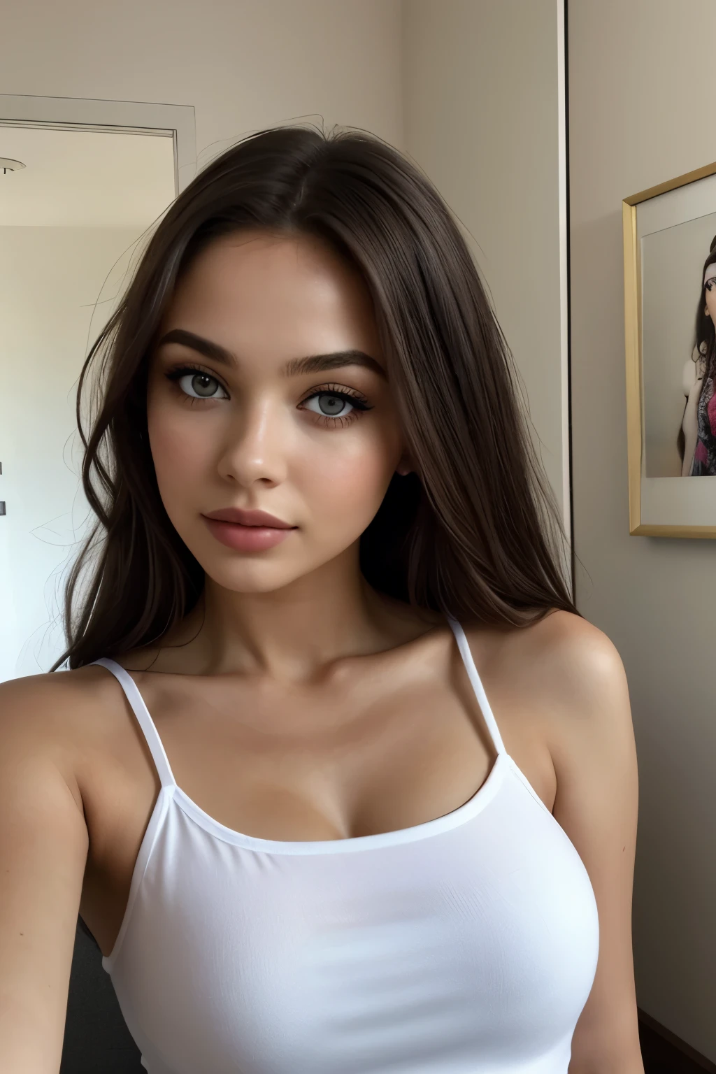 Mujer arafed completamente, cabello moreno y largo, Chica sexy con ojos azules con un top blanco y unos panatalonesazules, ultra realista, Meticulosamente detallado, Retrato de Sophie Mudd y ojos grandes, selfie de una mujer joven, ojos dormitorio, violeta myers, sin maquillaje, Maquillaje Natural, Looking directly at the camera, cara con artgram, maquillaje sutil, Impresionante foto de cuerpo completo, estilo de ropa moderna y elegante