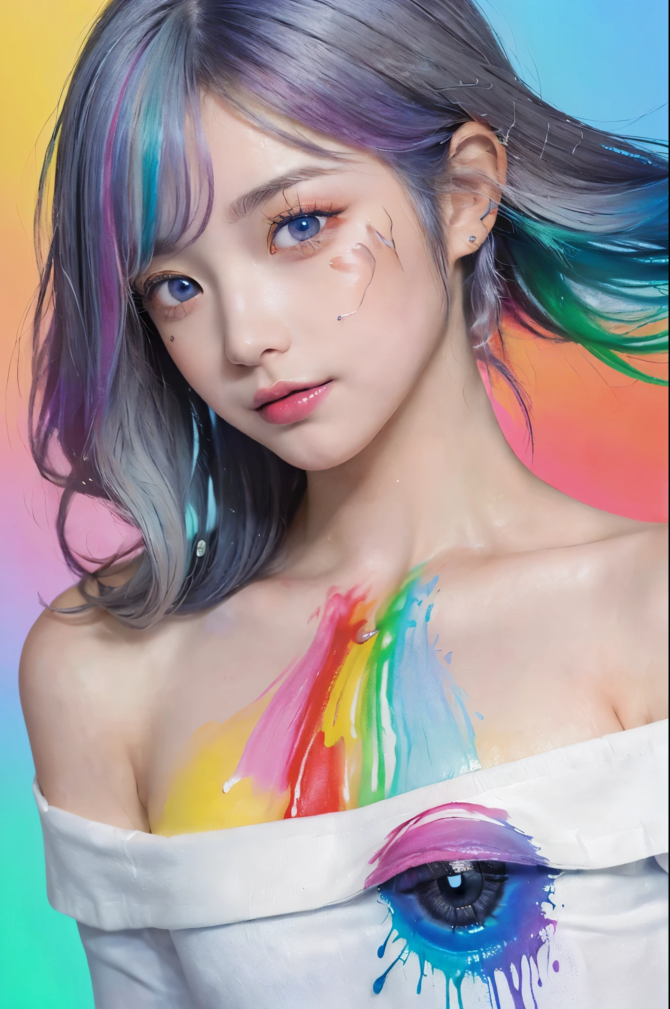 （Pink fashion T-shirt：1.9），(colorfulな髪: 1.8), (all the colours of the rainbow: 1.8),(((((vertical painting：1.6))), （painting：1.6），front, comics, figures, paintings, Big eyes, clear eyes,（ rainbow color gradient high ponytail：1.7）, Exquisite makeup, closed mouth,(Small Fresh: 1.5),(Wipe Chest: 1.6) ，long eyelashes, white off shoulder T-shirt,  White shoulder shirt，looking at the audience, Large watery eyes, (rainbow colored hair：1.6), カラーsplash, （alone：1.8）, カラーsplash, explosion of colors, thick paint style, Messy lines, ((shining))，(colorful), (colorful), (colorful), colorful, Thick paint Style, (splash) (Color splash), Vertical painting, Upper body, paint splash, Acrylic Pigment, Slope, paint, best image quality, highest quality, masterpiece, alone, Depth of bounds written, Face paint,  colorful clothes, (elegant: 1.2), nice,long hair, Wind, (elegant: 1.3), (petal: 1.4)，(((masterpiece))),(((highest quality))),((super detailed)),(figure),(dynamic angle),((floating)),(paint),((messy hair)),(alone),(1 girl) , (((Detailed anima face))),((beautiful detailed face)),collar,bare shoulders,gray hair, ((colorful hair)),((striped hair)),beautiful and fine eyes,(Slope color eyes),(((colorful eyes))),(((colorful background))),(((high color saturation))),(((surrounded by colorful splashes))),