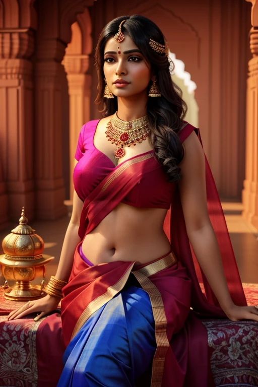 인도 문화의 시각적 향연, 사리를 입은 여성을 중심으로, 그녀의 강렬한 눈빛과 눈부신 의상은 경외감과 경이로움을 선사합니다. 업스케일된 8k 초현실적인 3D