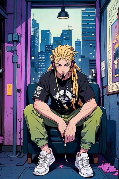 male character, goatee, blonde Dreadlock, cigarette in mouth, headphones on, cell phone in hand, black t-shirt, camouflaged pant...