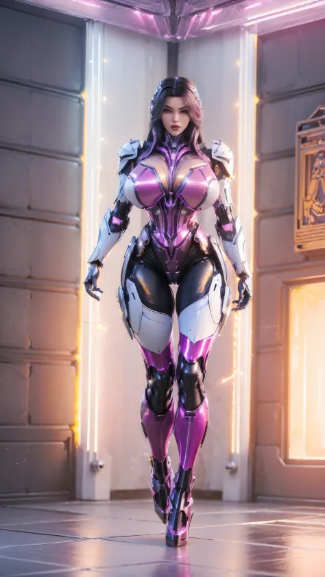 A beauty girl with black hair, (HYPER-REALISTIC:1.5), (PHOENIX GOLD HELM:1.1), (BIGGER BUTTOCK,HUGE FAKE BREAST:1.5), (CLEAVAGE:1.5), (BARE MUSCLE ABS:1.3), (MECHA GUARD ARMS:1.1), ((MAGENTA SHINY FUTURISTIC MECHA BODY, BLACK MECHA SKINTIGHT LEGGINGS, WHIT...