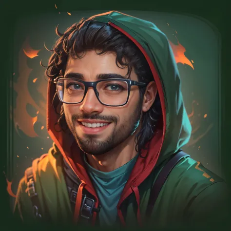 (“piva”) create a high-quality 2d cartoon portrait of a man vivid eyes, wearing glasses and a hoodie, displaying a cheerful smil...