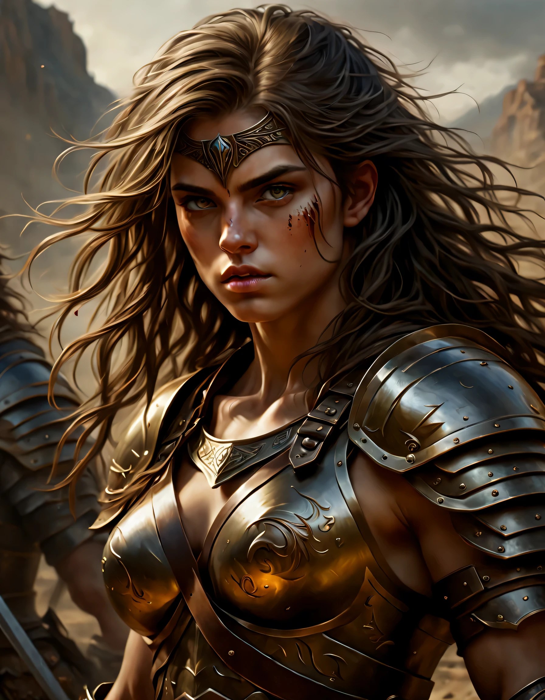 (best qualityer, high resolution, ultra detali, realisitic:1.37), dynamic lighting, oil painting, warrior, intense stare, strong and defined characteristics, loose hair, powerful and confident posture, dramatic shadows, swirly vibrant colors, complex armor with metallic details, epic battle scene, post apocalyptic landscape, spooky ambiance, Fantasyart, long or short abelos, Brava face, dark kingdom, pose sexy, fantastic landscape, adult fantasy