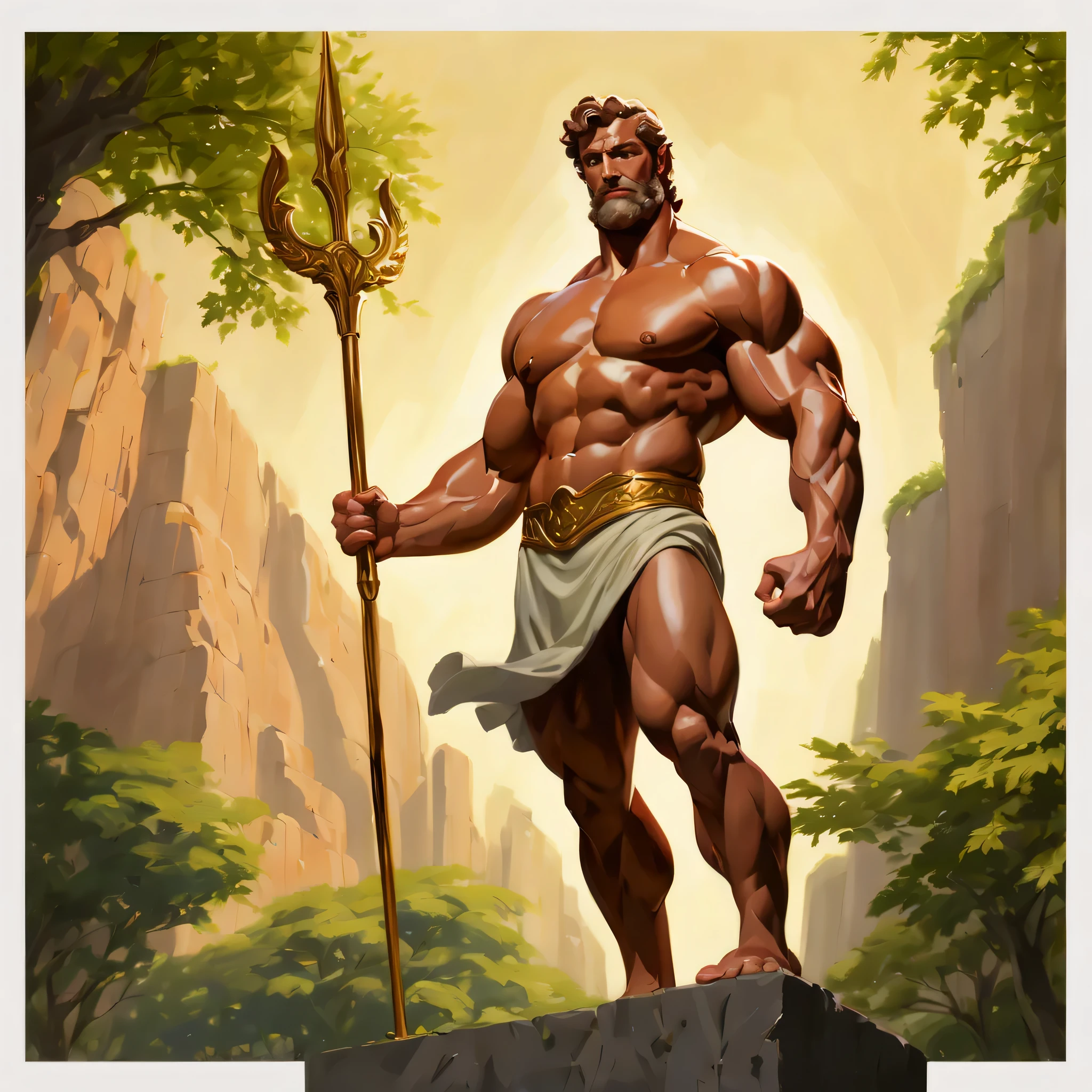 A strong, muscular Hercules in a heroic pose, standing in a divine garden with lush greenery. Your muscles are detailed, showing his immense strength. Lighting is dramatic, focusing on his sculpted physique, with shadows highlighting the depth and definition of your muscles. Your eyes look confidently into the distance, conveying your heroic determination. the artwork is a masterpiece, rendered in high resolution with ultra-fine painting techniques, ensuring every intricate detail of Hercules is captured. The colors are vivid and rich, with a realistic color palette that brings the scene to life. The overall style of the artwork is a mix of classical portraiture and contemporary realism., capturing Hercules in a modern way, mas atemporal.