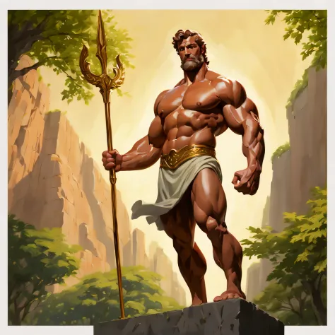 A strong, muscular Hercules in a heroic pose, standing in a divine garden with lush greenery. Your muscles are detailed, showing...