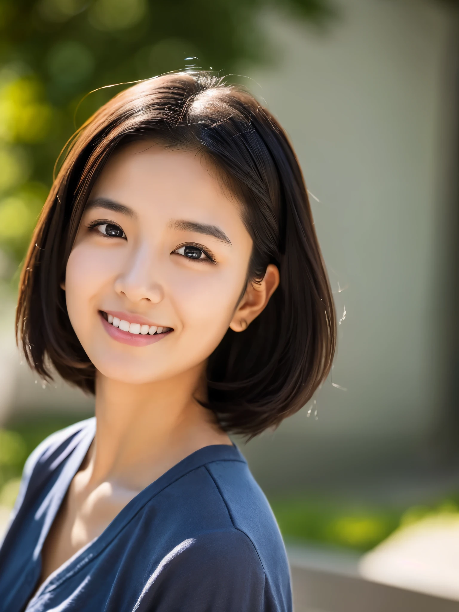 portrait, 8K, high quality, realistic photo image, 17 years old, Japanese woman, neat and clean, small, reproduce natural and realistic eyes, beautiful black hair, short hair, light makeup, octane rendering, beautiful lighting, golden ratio composition, smile, everyday wear, casual clothes, natural background, blurred background