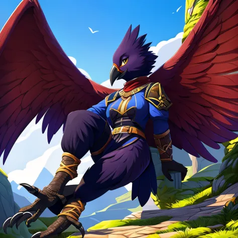 16k, HD, Professional, Highly Detailed, ((Masterpiece: 0.3)), (((High Quality))), Ultra-detailed face, Highly Detailed Lips, Detailed Eyes, full body, 1 crow girl, adventurer clothes, talons for feet, wings, 2 legs, black beak