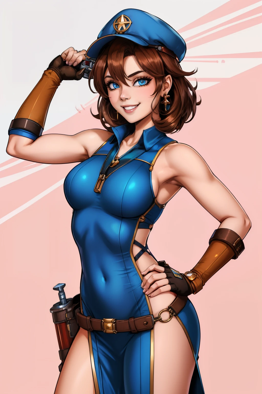 1girl in a revealing outfit, a long sleeveless side slit tunic, engineer with a cute cap and short brown hair, smile, kawaii tooth, in a pose looking at viewever with a wrench gripped in her right hand and the other on her hip, fantasy engineer, blue eyes, bending forward